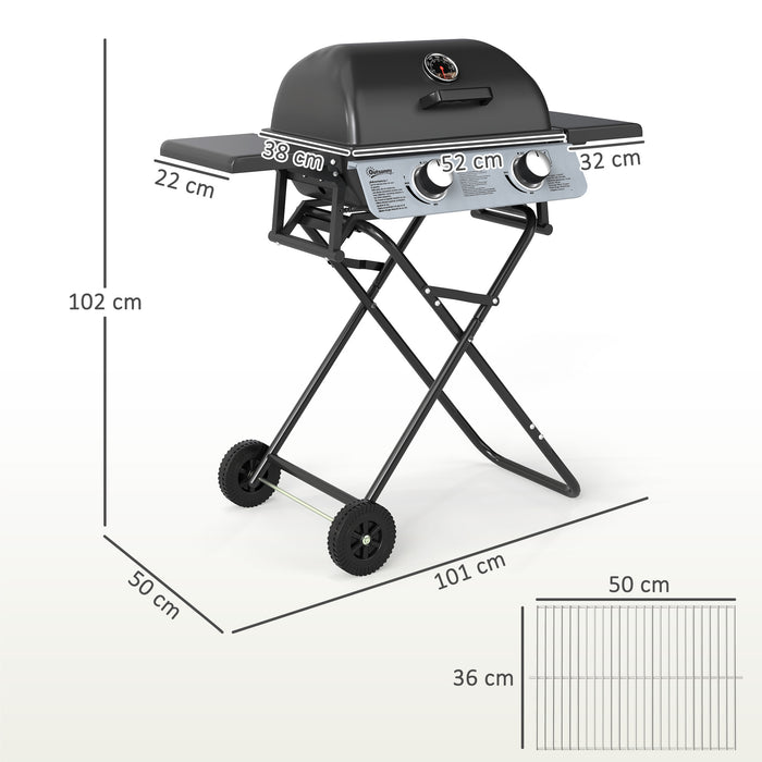 Outsunny Foldable Gas BBQ with Side Tables, 2 Burner Portable Gas Barbecue Grill with Thermometer Lid Grease Tray Wheels, Folding Trolley for Garden Party Camping Picnic Outdoor Cooking, 5.6KW, Black