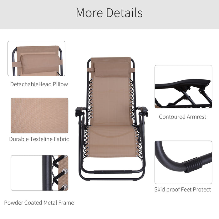 Outsunny Zero Gravity Chair Set of 2, Metal Frame Texteline Armchair Outdoor Folding and Reclining Sun Lounger with Head Pillow for Patio Decking Gardens Camping, Beige
