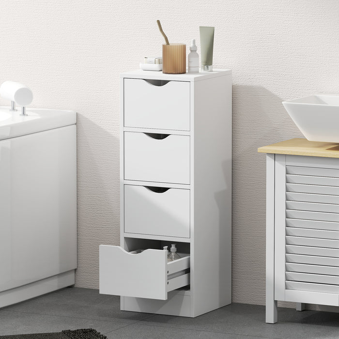 HOMCOM 4-Drawer Bathroom Cabinet, Freestanding Narrow Storage Cabinet with Groove Handles for Small Spaces, White