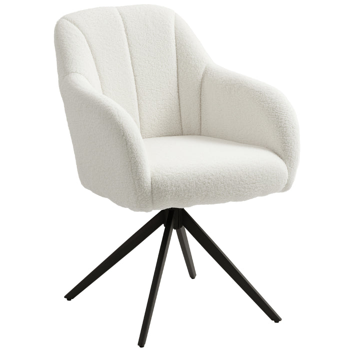 HOMCOM 360° Swivel Accent Chair, Teddy Fleece Fabric Armchair, Upholstered Tufted Vanity Chair with Steel Legs for Living Room, Bedroom, Home Office, White