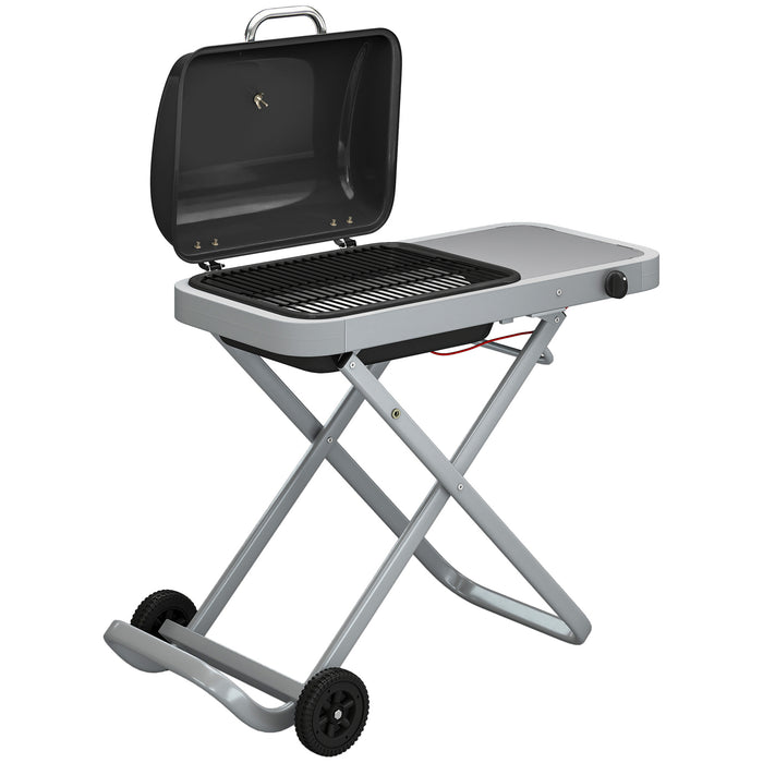 Outsunny Foldable Gas BBQ Grill with Side Table, Portable Gas Barbecue Grill with Thermometer, Grease Box, Wheels, 2.5 kW, Black