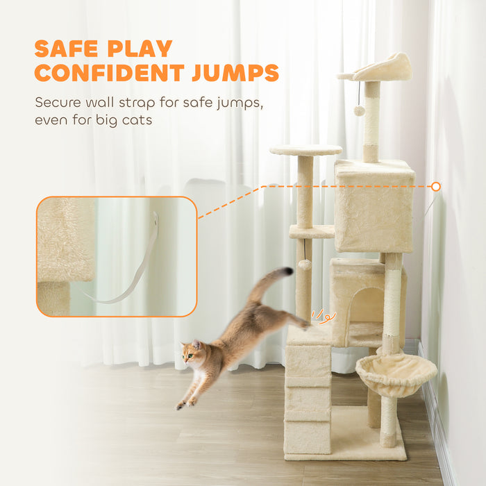 PawHut 160cm Large Cat Tree Tower with Sisal Scratching Posts, Condos, Plush Perches, Hammock, Ladder, Beige