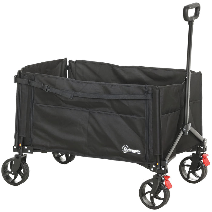 Outsunny Folding Trolley on Wheels, 150L Collapsible Wagon Festival Trolley Cart with Openable Sides, Adjustable Handle and Brakes for Shopping Camping Beach and Garden, Black
