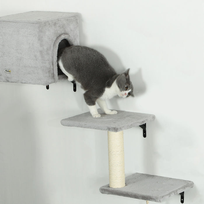 PawHut 6-Piece Cat Wall Shelves Set with Condo, Cat Wall Furniture with Platforms, Sisal Scratching Post, Bed, Toy Ball, Grey