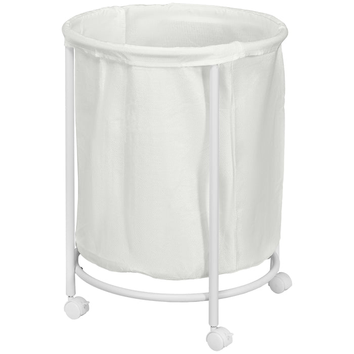 Large 100L Cream White Laundry Basket with Wheels - Round 50cm Hamper with Steel Frame and Removable Bag - Ideal for Bedroom, Bathroom, Laundry Room Organization