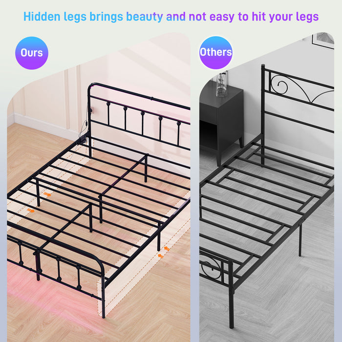 HOMCOM Double Bed Frame with LED Lights and Charging Station, Metal Platform Bed Frame with Under Bed Storage, Black
