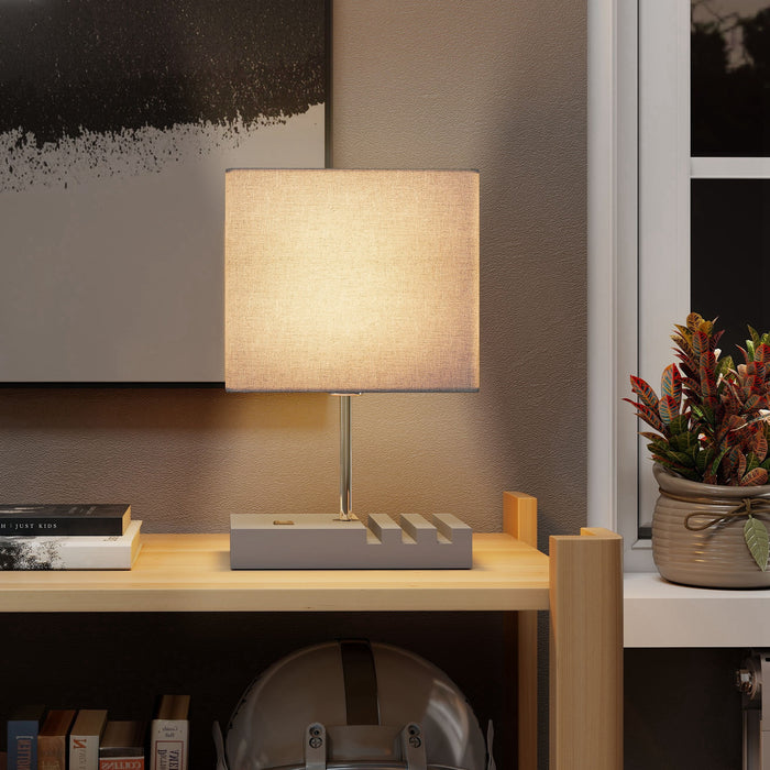 HOMCOM Bedside Lamp with USB A+C Charging Ports and 3 Phone Stands, Modern Table Lamp with Solid Wood Base and Fabric Shade for Bedroom Living Room Office, E27 Socket, Bulb Not Included, Grey