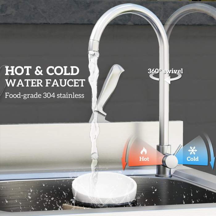 HOMCOM Outdoor Utility Sink, Free Standing Single Bowl Kitchen Sink with Cold and Hot Water Pipe and Storage Shelf for Laundry Garage, Silver Tone