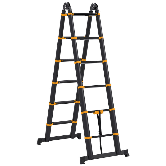 3.8M Duo Aluminium Ladder with Integrated Tool Holder - Herringbone Extendable Ladder, 12 Non-Slip Steps for Safety - Ideal for DIY Enthusiasts and Professional Use
