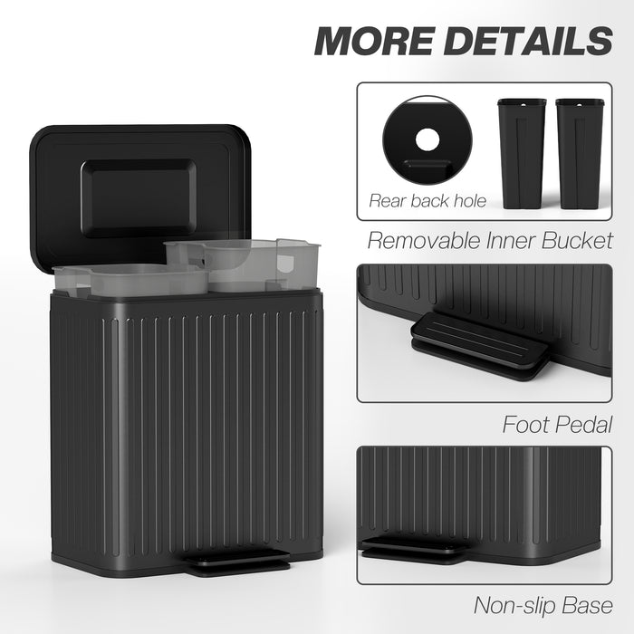 HOMCOM 40L Dual Compartment Rubbish Bin, with Soft-Close Lid - Black