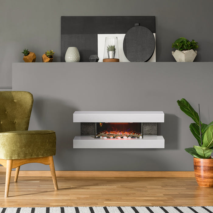 HOMCOM 47inch / 120cm Electric Fireplace Wall Mounted, Freestanding, Glass Electric Fire Suite with Mantel, Adjustable LED Flame Effect, Log, Pebble, Remote Control, 2000W, White | Aosom UK