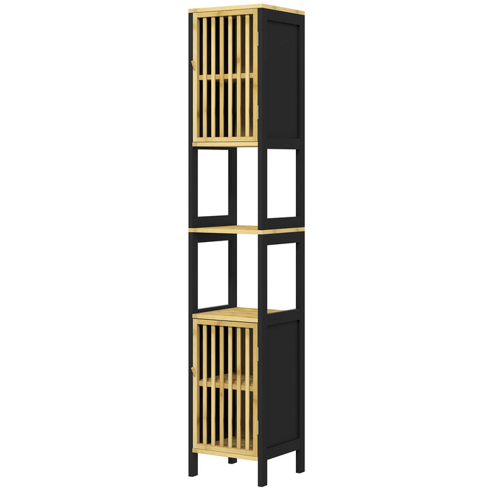 Slim Bamboo Bathroom Cabinet with Open Shelves and Slatted Doors - Tall Storage Unit with Adjustable Shelving in Black - Ideal Organizer for Toiletries and Linens