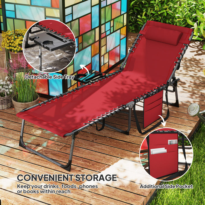 Outsunny Folding Sun Lounger with Side Table, 5-Level Adjustable Reclining Sun Lounger Chair, Portable Garden Recliner Sunbed with Side Pocket, Head Pillow for Patio, Beach, Red