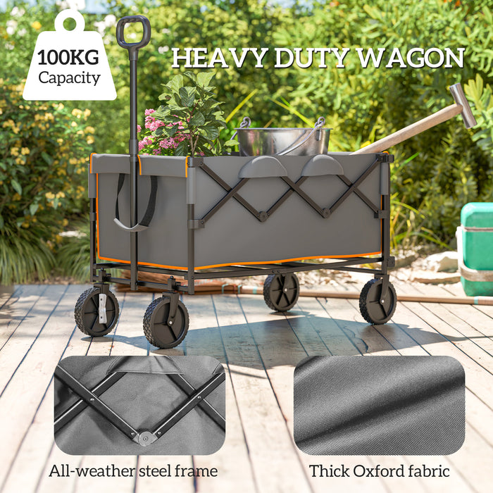 Outsunny 160L Festival Trolley on Wheels, Folding Camping Trolley Cart w/ Tailgate, 100kg Heavy Duty Garden Collapsible Folding Wagon w/Adjustable Handle, Carry Bag for Beach Picnic, Grey and Orange