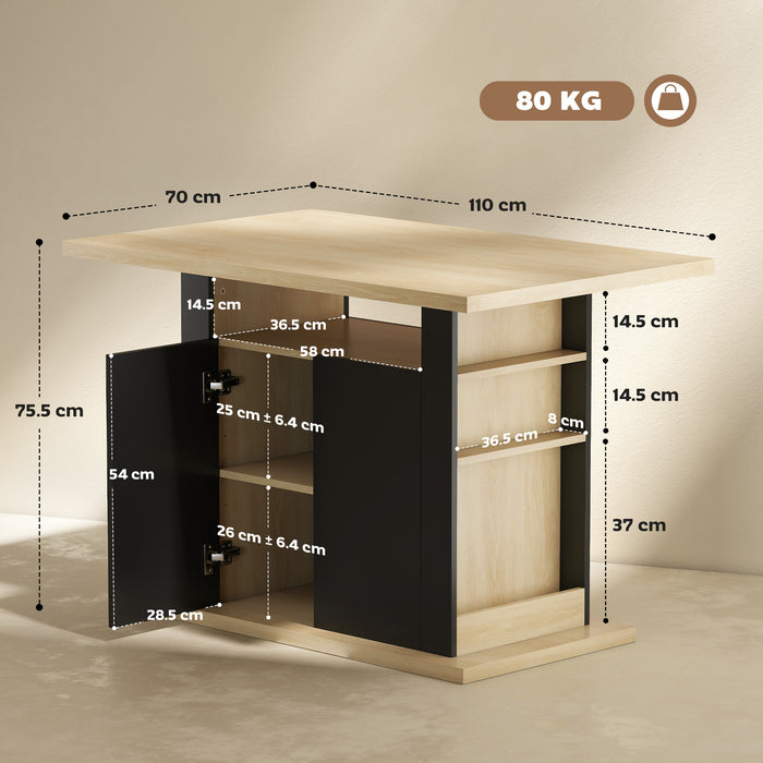 HOMCOM Kitchen Island with Spice Rack, Kitchen Storage with Large Tabletop for 4 People, Adjustable Shelves Black & Natural