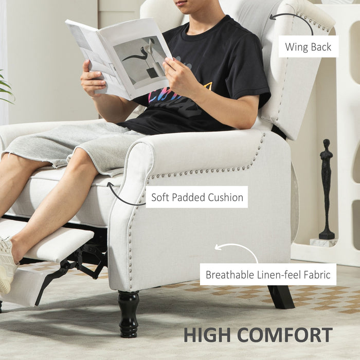 HOMCOM Recliner Armchair, Vintage Reclining Chair with Nail Head Trim, Wingback Chair with Button Tufted Back and Footrest, for Living Room, Cream White | Aosom UK