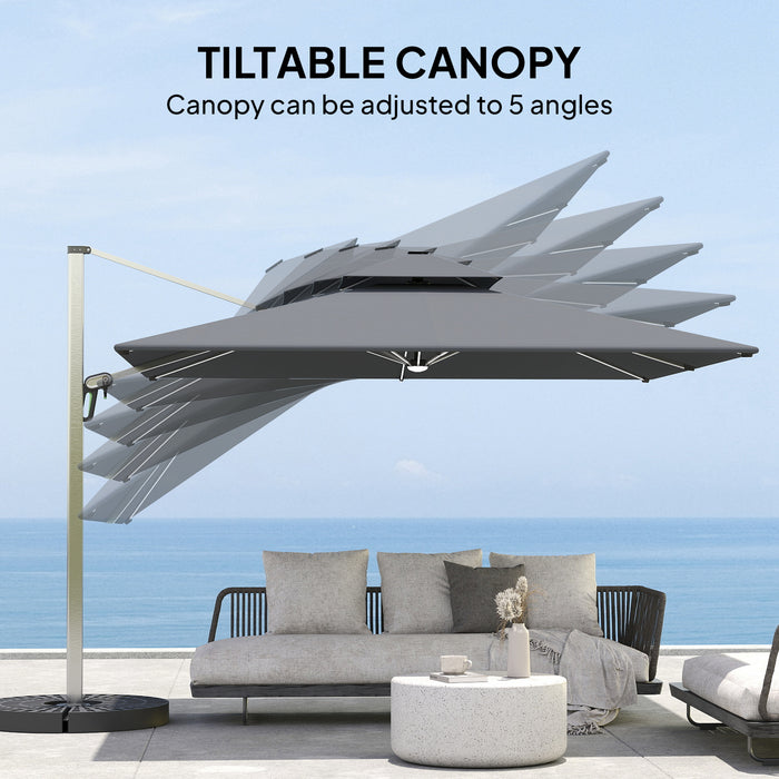 Outsunny 3(m) Garden Cantilever Parasol with Solar LED Lights, Cross Base, 360° Rotation, Crank Handle and Tilt, Grey