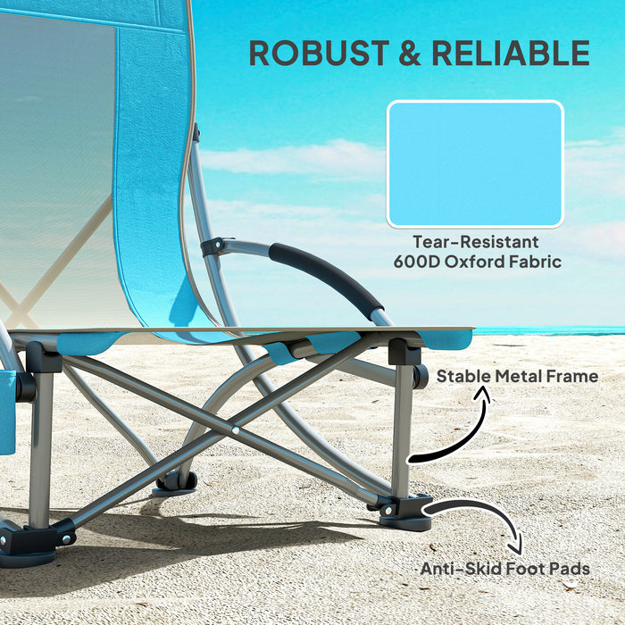 Outsunny Set of 2 Folding Beach Chair, Low Camping Chair with Mesh Back, Carry Bag and Cup Holder for Garden Outdoor Picnic Festival Travel, Blue