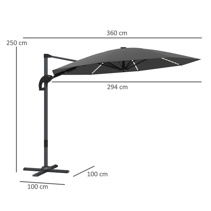 Outsunny 3(m) Cantilever Garden Parasol with Solar Powered Lights, Crank Handle & Cross Base, UPF 50+, 360° Rotation, Dark Grey
