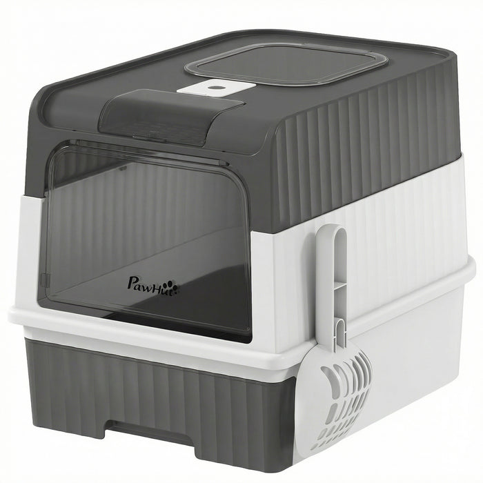 PawHut Enclosed Cat Litter Box with Lid, Pull-Out Drawer Tray, Scoop, 4 Deodorisation Bags, Front Entry & Top Exit, Grey
