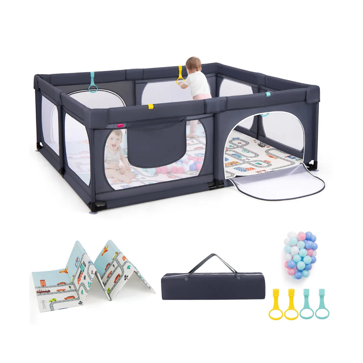 Baby Playpen with Safe Gate and Breathable Mesh-