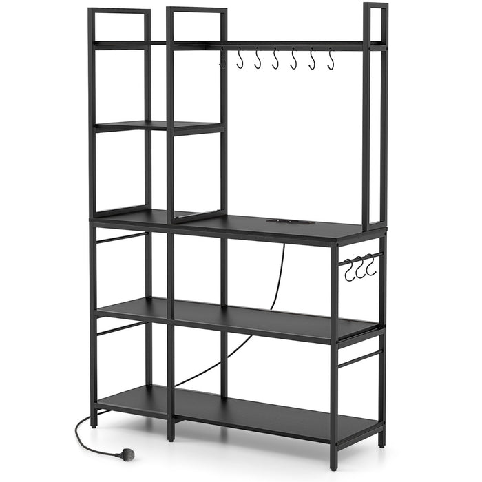 Bakers Rack with Power Outlets and 10 S-Shaped Hooks-Coffee