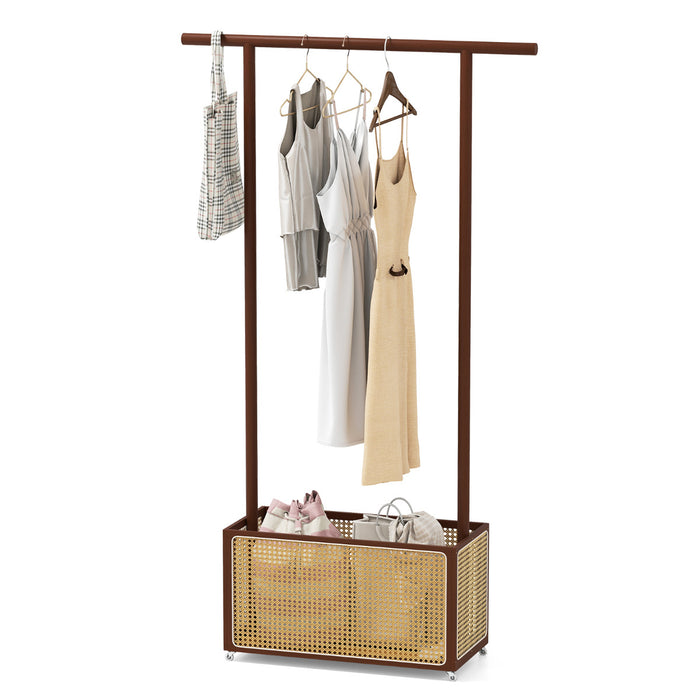 Bamboo Clothes Rack 2-In-1 Clothing Hanging Rail-