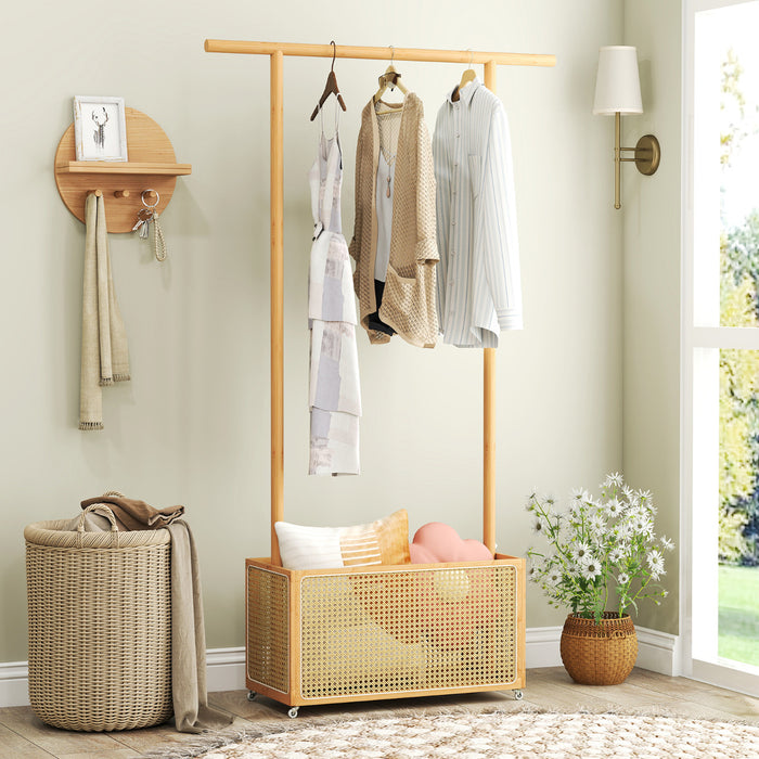Bamboo Clothes Rack 2-In-1 Clothing Hanging Rail-