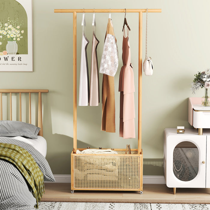Bamboo Clothes Rack 2-In-1 Clothing Hanging Rail-