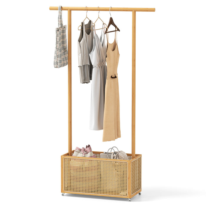 Bamboo Clothes Rack 2-In-1 Clothing Hanging Rail-