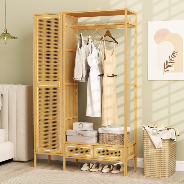 Bamboo Clothing Rack with Cabinet and Hanging Rod-