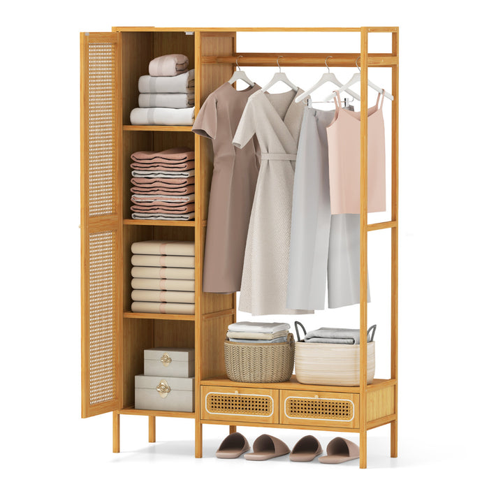 Bamboo Clothing Rack with Cabinet and Hanging Rod-