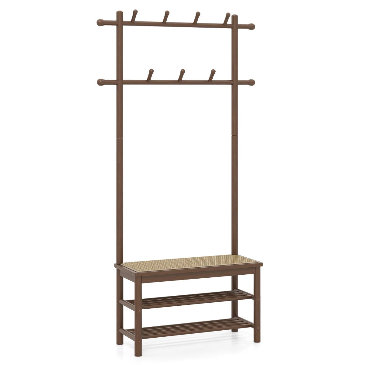 Bamboo Coat Rack PE Rattan Hall Tree with Bench and Shoe Storage-