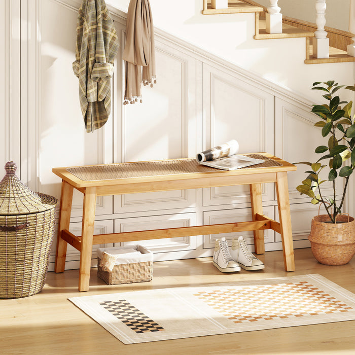 Bamboo Entryway Dining Bench with Handwoven Rattan Seat-