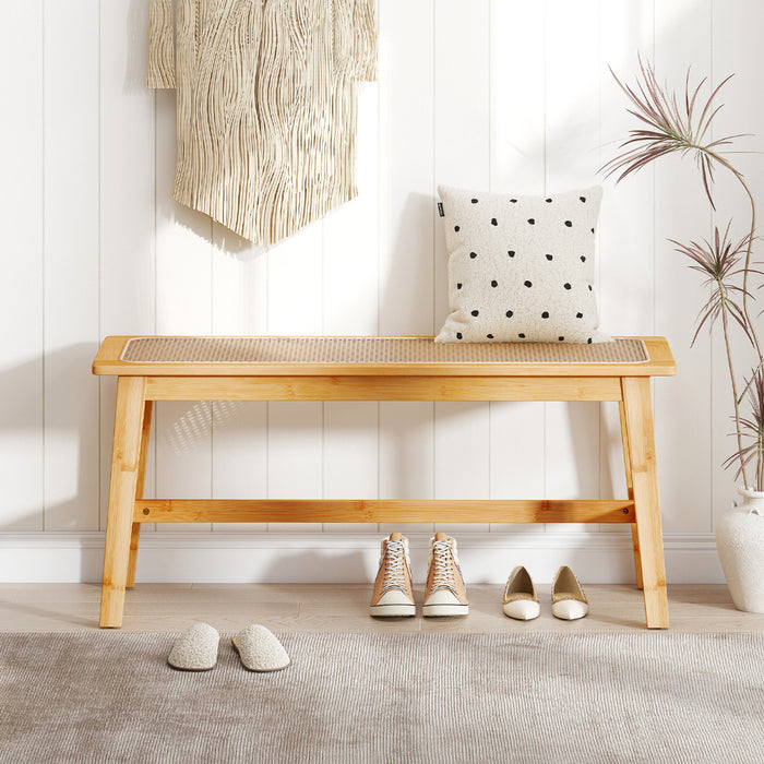 Bamboo Entryway Dining Bench with Handwoven Rattan Seat-