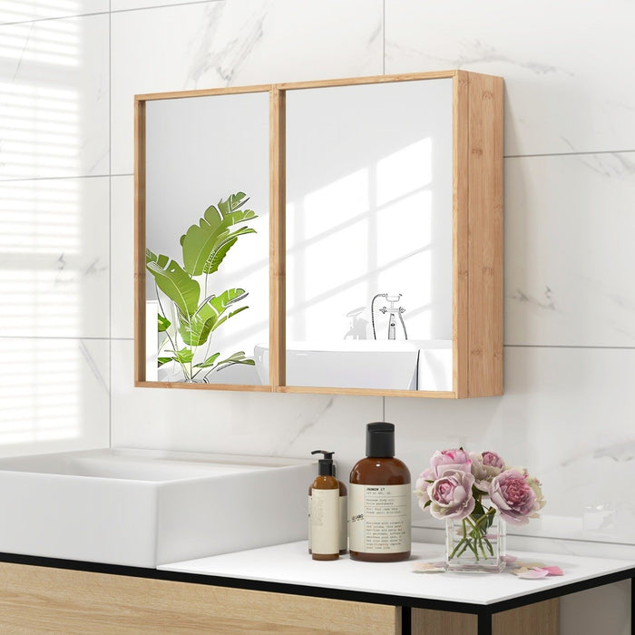 Bamboo Double Door Bathroom Wall Cabinet with Mirror and Adjustable Shelves-