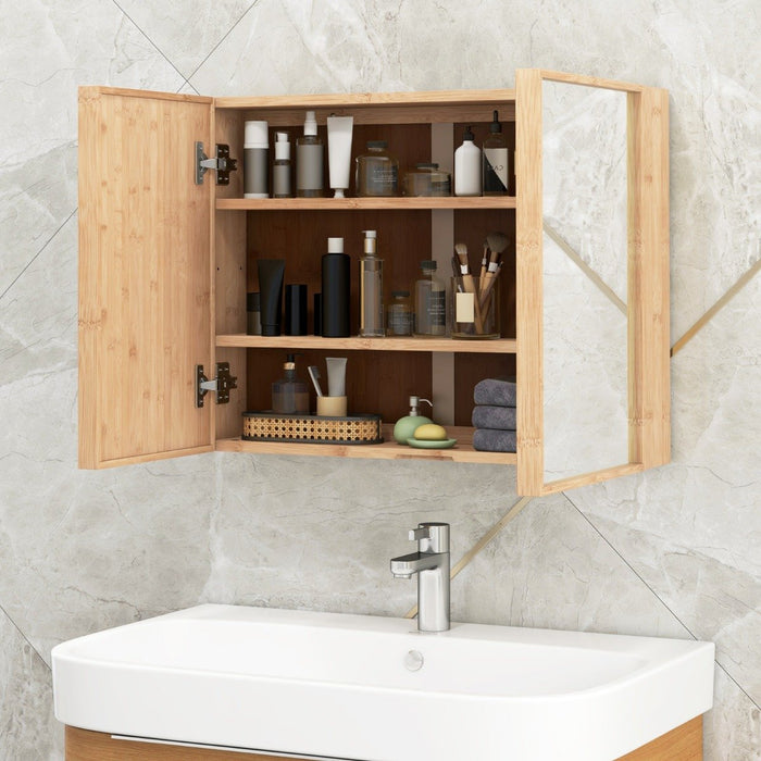 Bamboo Double Door Bathroom Wall Cabinet with Mirror and Adjustable Shelves-