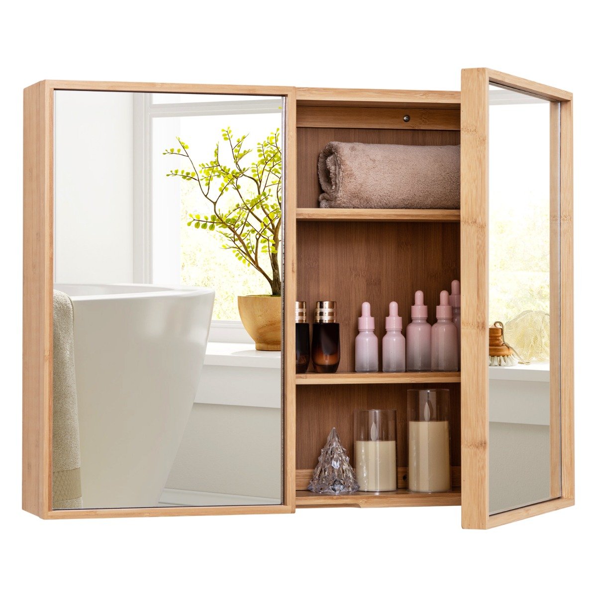 Bamboo Double Door Bathroom Wall Cabinet with Mirror and Adjustable Sh ...