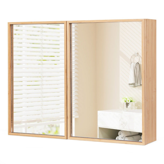 Bamboo Double Door Bathroom Wall Cabinet with Mirror and Adjustable Shelves-