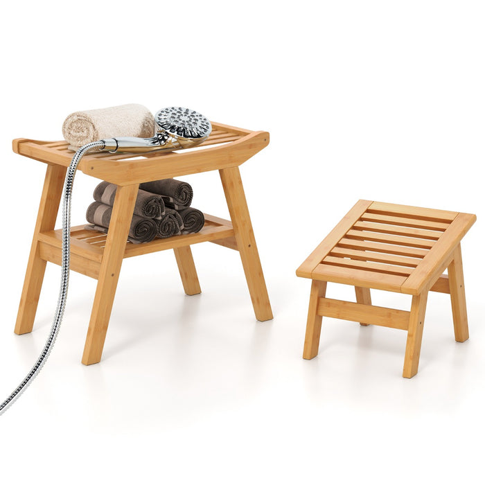 Bamboo Shower Bench Seat with Storage Shelf and Foot Rest-
