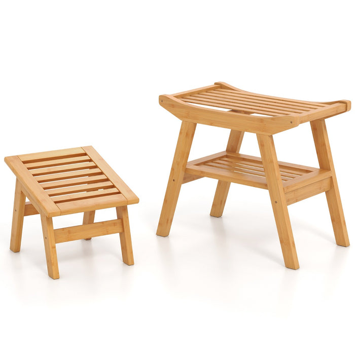 Bamboo Shower Bench Seat with Storage Shelf and Foot Rest-