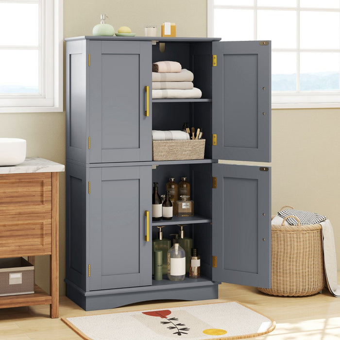 Bathroom Floor Storage Cabinet with 4 Doors and 2 Adjustable Shelves-Grey