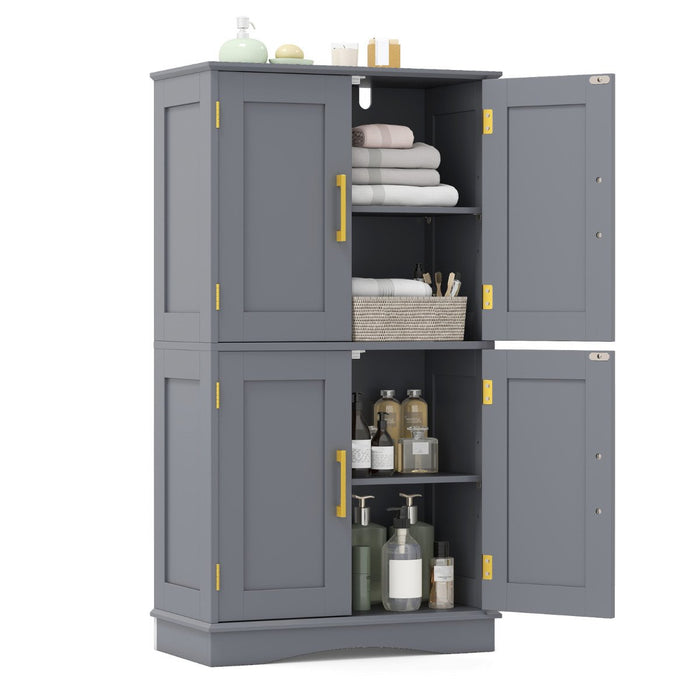 Bathroom Floor Storage Cabinet with 4 Doors and 2 Adjustable Shelves-Grey