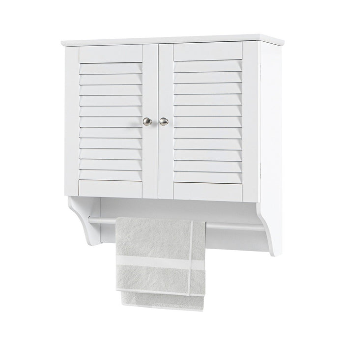 Wall Mounted Double Louvered Doors Storage Cabinet with Height Adjustable Shelf and Towels Bar-White
