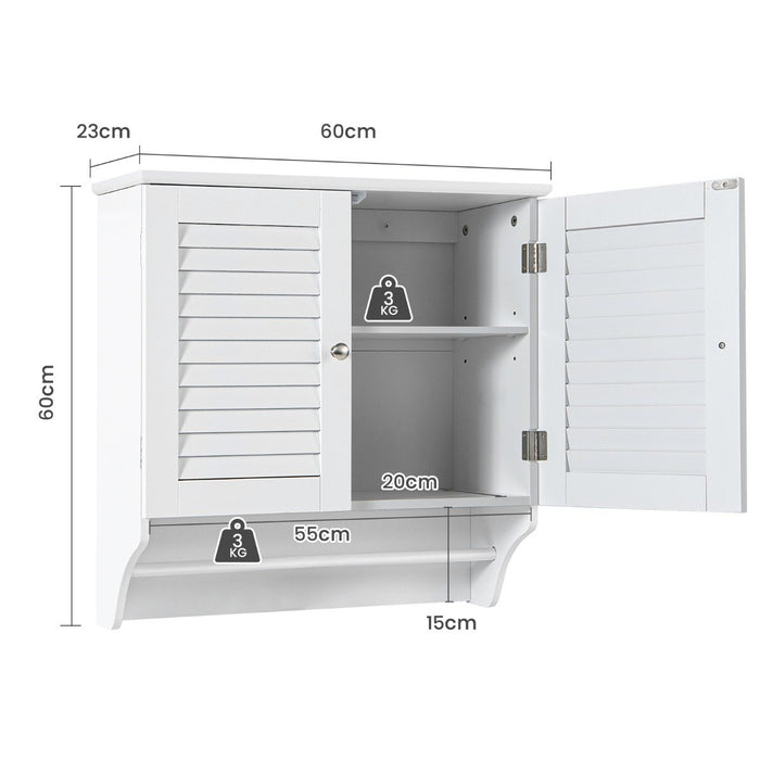 Wall Mounted Double Louvered Doors Storage Cabinet with Height Adjustable Shelf and Towels Bar-White