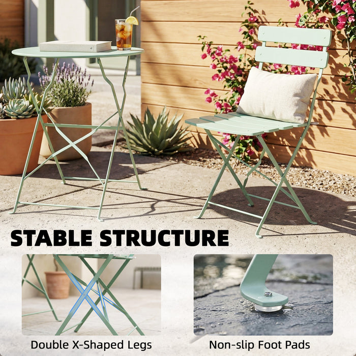 Outsunny Folding Garden Bistro Set, Outdoor Round Bistro Table and Chairs Set 2 with Electrophoresis Metal Frame, Light Green