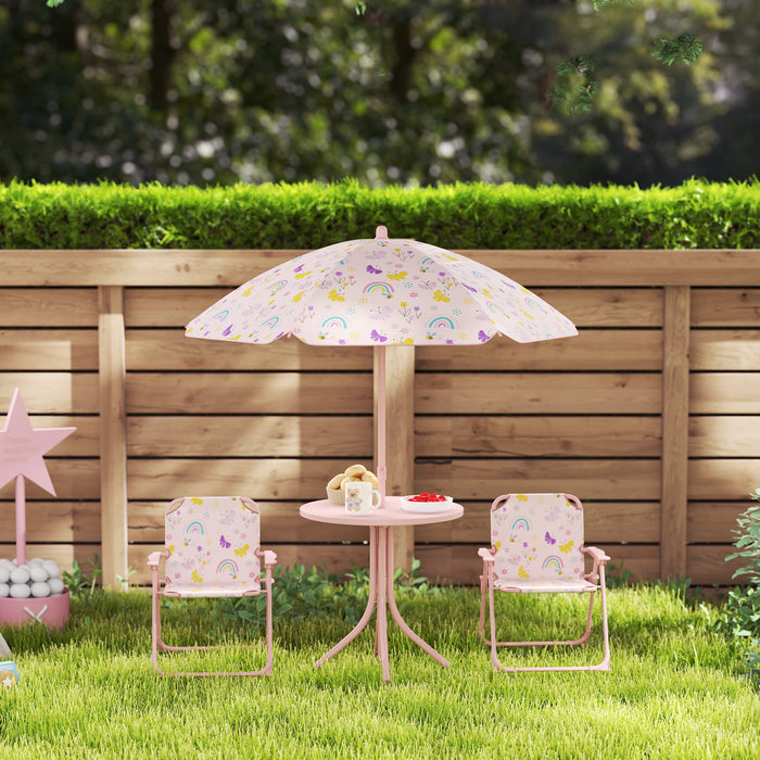 AIYAPLAY 4 Pieces Kids Garden Table and Chair Set with Adjustable Parasol, Folding Chairs, Table, Rainbow Pattern, Pink