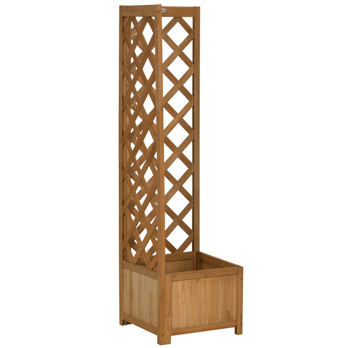 Outsunny Wooden Planter with Corner Trellis, Freestanding Raised Garden Bed with Drainage Bottom, Outdoor Planter Box, Brown