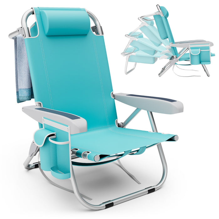 Folding Lay Flat Beach Chair with 5-Position Backrest-Blue