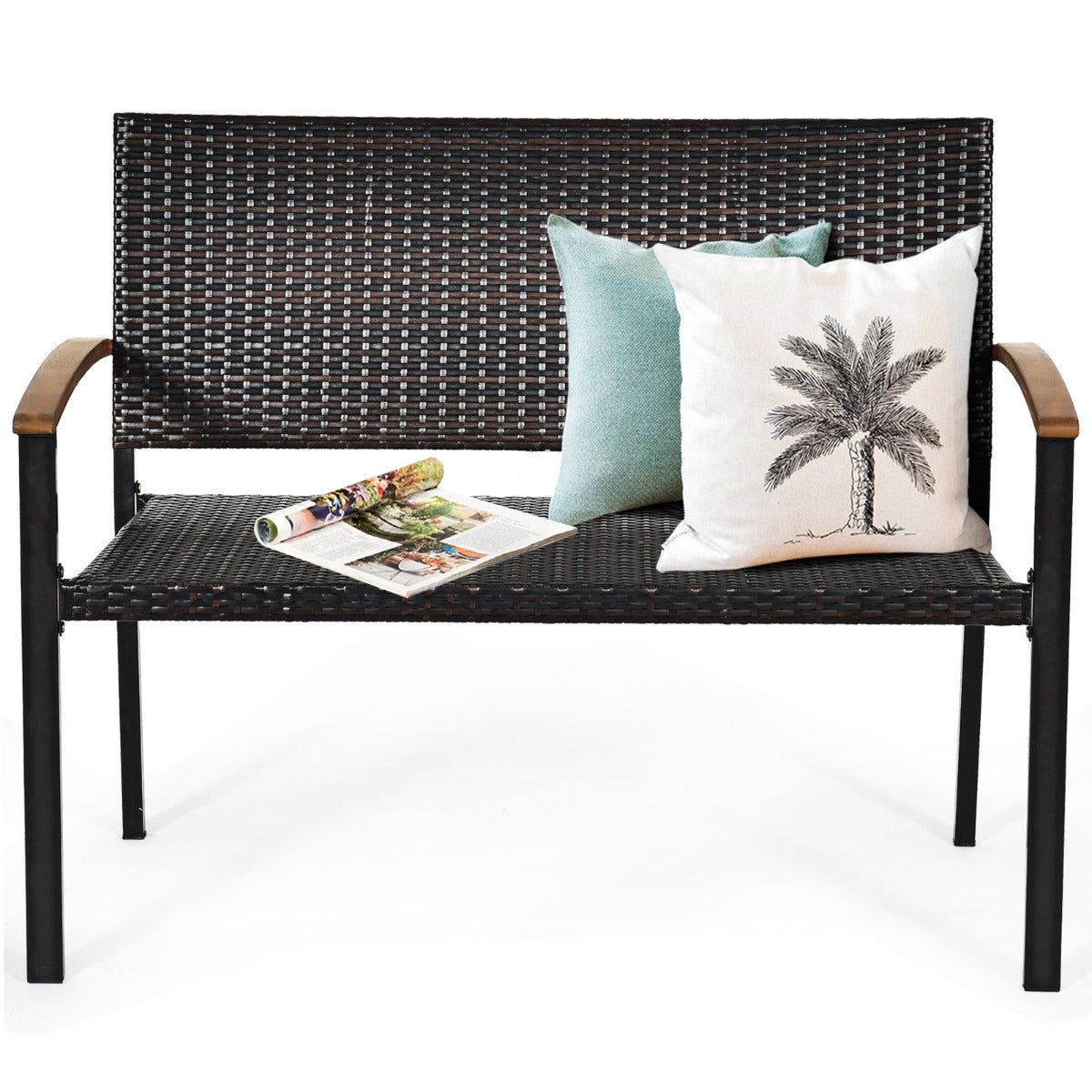 2-Person Outdoor Garden Stackable Bench with Acacia Wood Armrests ...